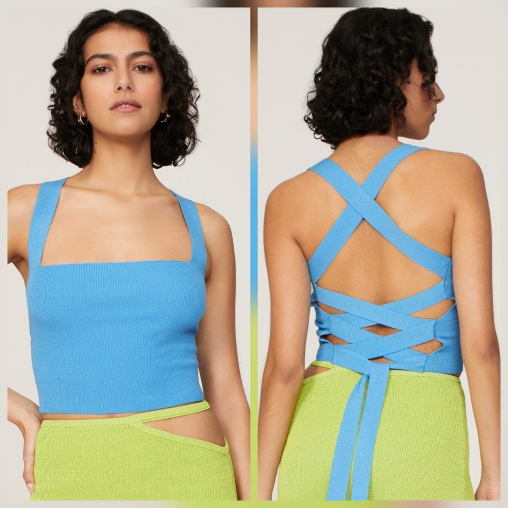 Louna Blue Tie Back Top In Blue knit Sleeveless Square Neck Size S